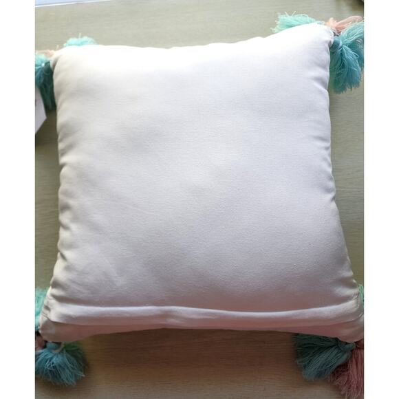 THROW PILLOW-COASTAL HOME-Embroidery-Birds-Folk Design-Tassles-Large-17" x 17" - Picture 7 of 14